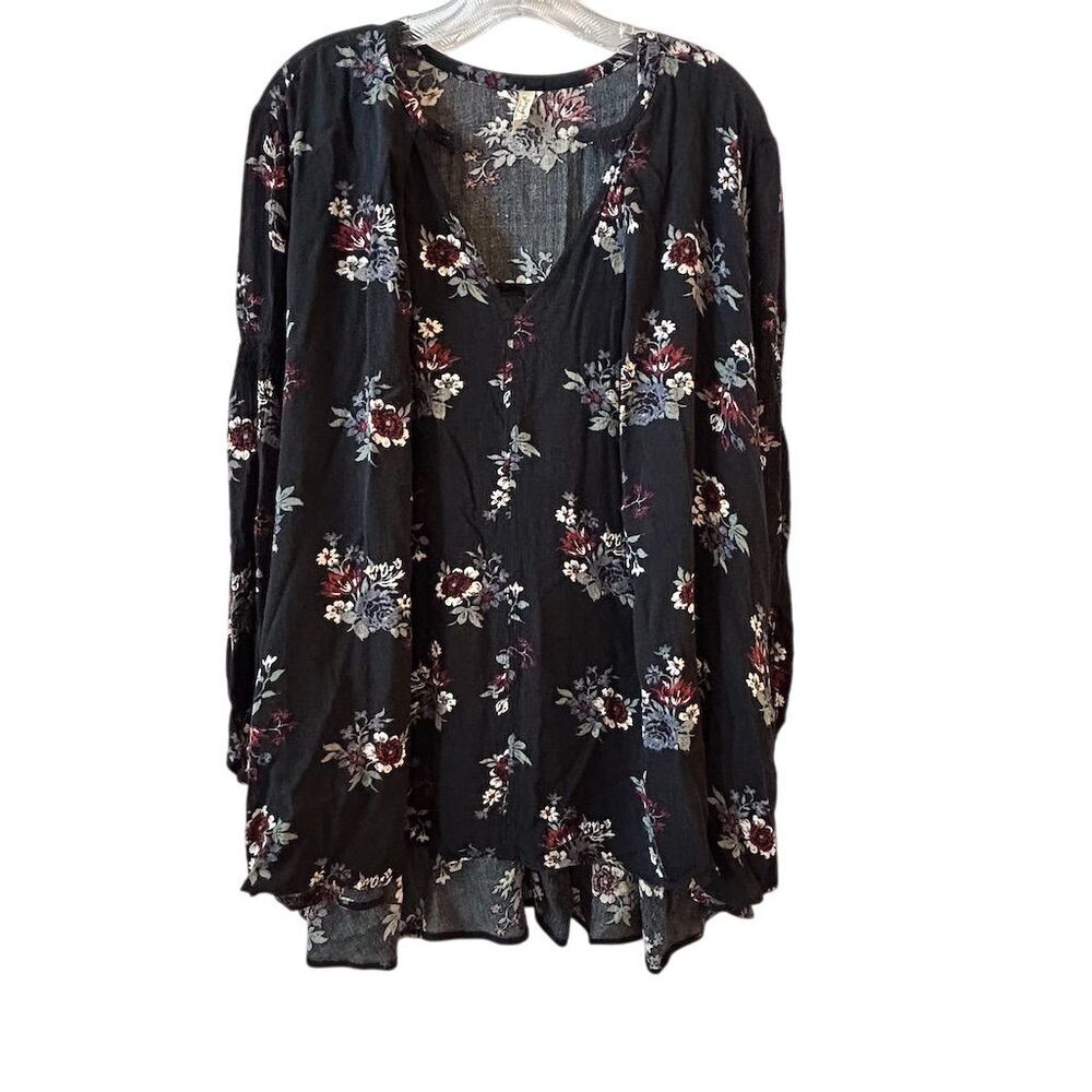 Free People Women's S Black Floral Swing‎ Tunic Dress Long Sleeve Casual- FLAWED